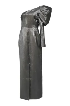 Draped silver crinkle polyester lamé Garnet one-shoulder slit-front column dress with single leg of mutton sleeve