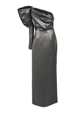 Draped silver crinkle polyester lamé Garnet one-shoulder slit-front column dress with single leg of mutton sleeve