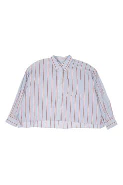 Dusty blue and red striped cotton-linen blend Oxford collar oversized button-front cropped shirt