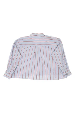 Dusty blue and red striped cotton-linen blend Oxford collar oversized button-front cropped shirt