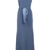 Dusty blue brooch-embellished acetate-blend tie-waist mermaid gown with draped Grecian neckline and scooped back