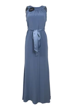 Dusty blue brooch-embellished acetate-blend tie-waist mermaid gown with draped Grecian neckline and scooped back