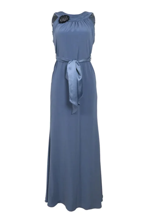 Dusty blue brooch-embellished acetate-blend tie-waist mermaid gown with draped Grecian neckline and scooped back