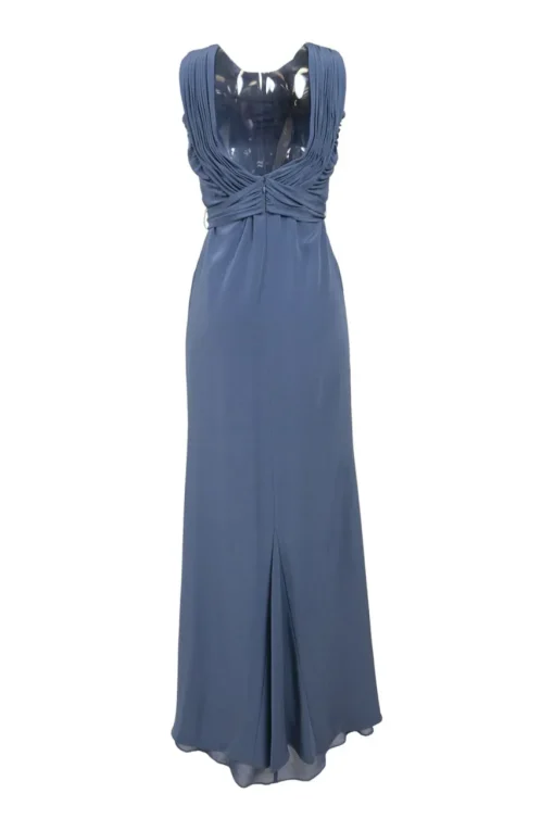 Dusty blue brooch-embellished acetate-blend tie-waist mermaid gown with draped Grecian neckline and scooped back