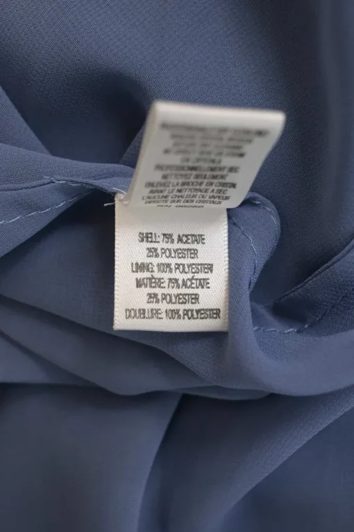 Dusty blue brooch-embellished acetate-blend tie-waist mermaid gown with draped Grecian neckline and scooped back