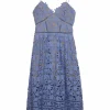 Dusty blue polyester layered scallop guipure lace fantasy slip-style midi dress with fixed spaghetti straps