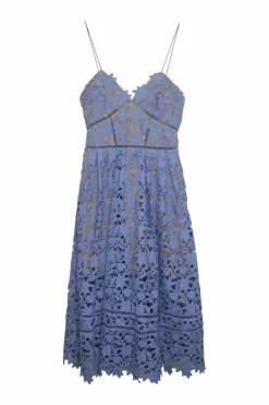 Dusty blue polyester layered scallop guipure lace fantasy slip-style midi dress with fixed spaghetti straps