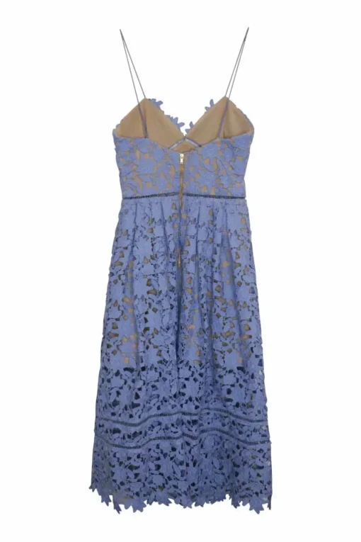 Dusty blue polyester layered scallop guipure lace fantasy slip-style midi dress with fixed spaghetti straps
