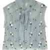 Dusty blue semi-sheer ditsy bead polyester mesh sleeveless pussybow blouse with frill trim details