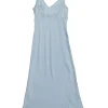 Dusty blue silk empire-waist slip dress with gathered bodice and fixed straps