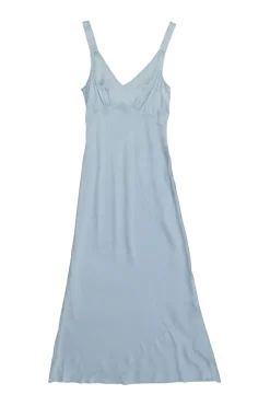 Dusty blue silk empire-waist slip dress with gathered bodice and fixed straps