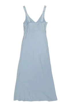 Dusty blue silk empire-waist slip dress with gathered bodice and fixed straps