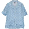 Dusty blue silk satin LV monogram print notch spread collar button-front pyjama shirt