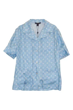 Dusty blue silk satin LV monogram print notch spread collar button-front pyjama shirt