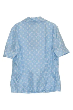 Dusty blue silk satin LV monogram print notch spread collar button-front pyjama shirt