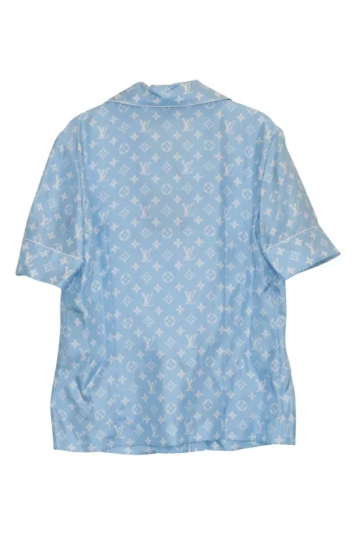 Dusty blue silk satin LV monogram print notch spread collar button-front pyjama shirt