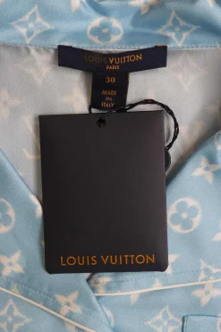 Dusty blue silk satin LV monogram print notch spread collar button-front pyjama shirt