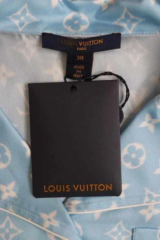 Dusty blue silk satin LV monogram print notch spread collar button-front pyjama shirt