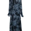 Eclipse blue semi-sheer silk chiffon floral print tie-neck midi A-line Henriette dress with gathered collar