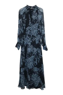 Eclipse blue semi-sheer silk chiffon floral print tie-neck midi A-line Henriette dress with gathered collar