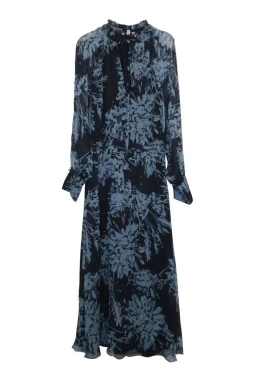 Eclipse blue semi-sheer silk chiffon floral print tie-neck midi A-line Henriette dress with gathered collar