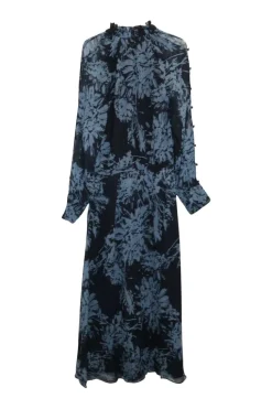 Eclipse blue semi-sheer silk chiffon floral print tie-neck midi A-line Henriette dress with gathered collar