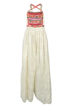 Ecru and black cotton-linen blend abstract print criss-cross hatlerneck open-back gown