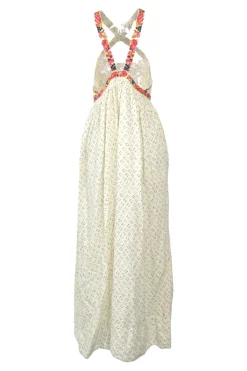 Ecru and black cotton-linen blend abstract print criss-cross hatlerneck open-back gown