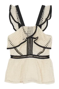 Ecru and black eyelet cotton ruffled peplum bustier top with contrast piping details