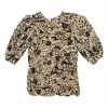 Ecru and burgundy ruched cotton floral print puff sleeve zip-up top
