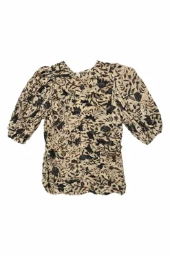 Ecru and burgundy ruched cotton floral print puff sleeve zip-up top
