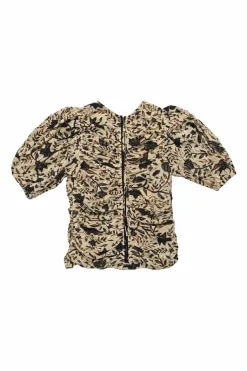 Ecru and burgundy ruched cotton floral print puff sleeve zip-up top