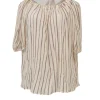 Ecru and copper cotton-lurex blend metallic stripe jacquard tie-back puff sleeve blouse