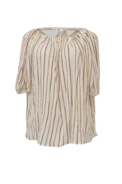 Ecru and copper cotton-lurex blend metallic stripe jacquard tie-back puff sleeve blouse
