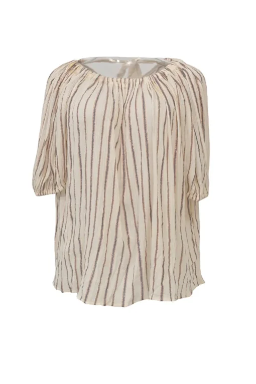 Ecru and copper cotton-lurex blend metallic stripe jacquard tie-back puff sleeve blouse