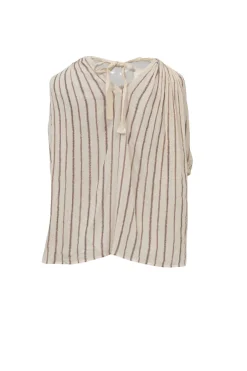 Ecru and copper cotton-lurex blend metallic stripe jacquard tie-back puff sleeve blouse