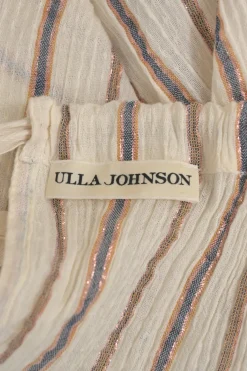 Ecru and copper cotton-lurex blend metallic stripe jacquard tie-back puff sleeve blouse