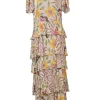 Ecru and mauve viscose floral print tiered maxi dress