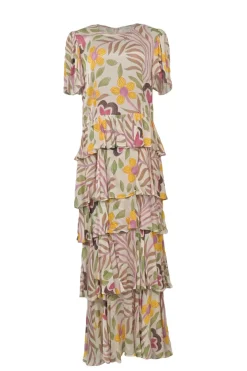 Ecru and mauve viscose floral print tiered maxi dress