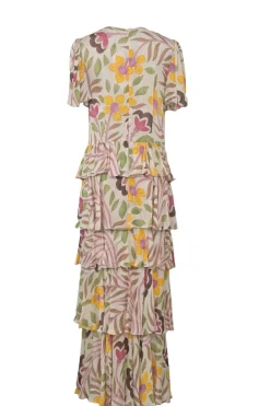 Ecru and mauve viscose floral print tiered maxi dress