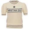 Ecru and navy wool-cashmere blend puff sleeve intarsia knit top featuring lucky star and logo motif