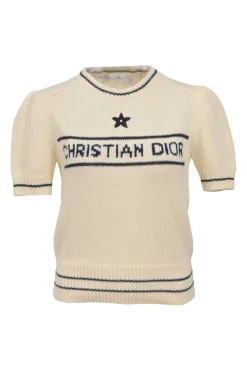 Ecru and navy wool-cashmere blend puff sleeve intarsia knit top featuring lucky star and logo motif