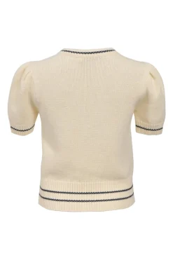 Ecru and navy wool-cashmere blend puff sleeve intarsia knit top featuring lucky star and logo motif