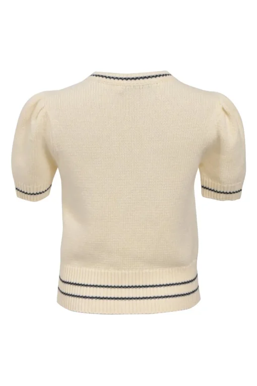 Ecru and navy wool-cashmere blend puff sleeve intarsia knit top featuring lucky star and logo motif