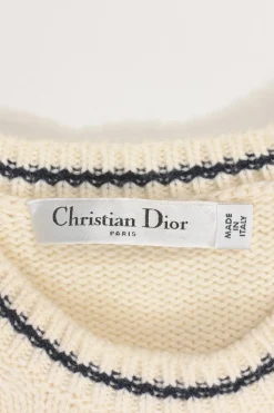 Ecru and navy wool-cashmere blend puff sleeve intarsia knit top featuring lucky star and logo motif