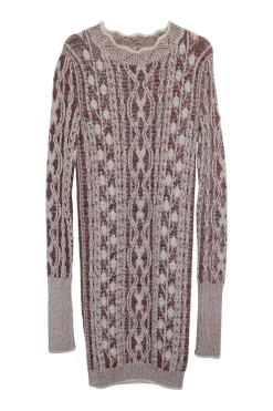 Ecru and red fully-fashioned Aran knit pullover long sleeve mini dress with scalloped neckline