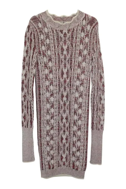 Ecru and red fully-fashioned Aran knit pullover long sleeve mini dress with scalloped neckline