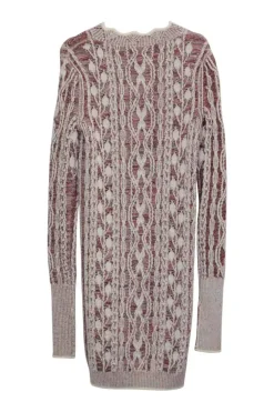Ecru and red fully-fashioned Aran knit pullover long sleeve mini dress with scalloped neckline