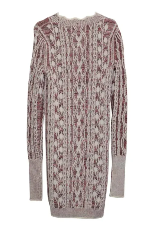 Ecru and red fully-fashioned Aran knit pullover long sleeve mini dress with scalloped neckline