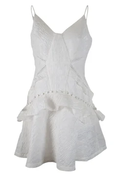 Ecru cami strap pattern dress with white lace band embellishment and peplum